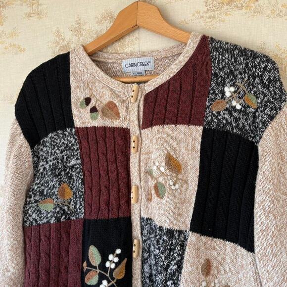 Vintage 90s Cabin Creek Cardigan Womens XL Patchwork Embroidered Cottagecore - Picture 3 of 8